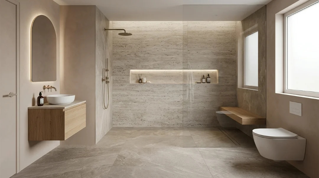 Wet room style shower with waterproof flooring, open layout, and modern bathroom design features.