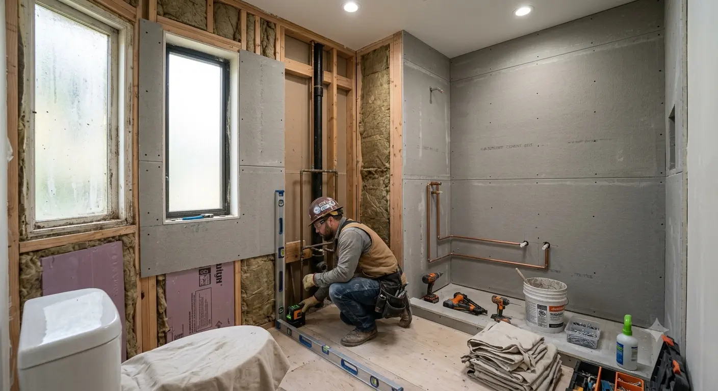 Aurora bathroom renovation with modern shower, vanity, tile, and practical design.