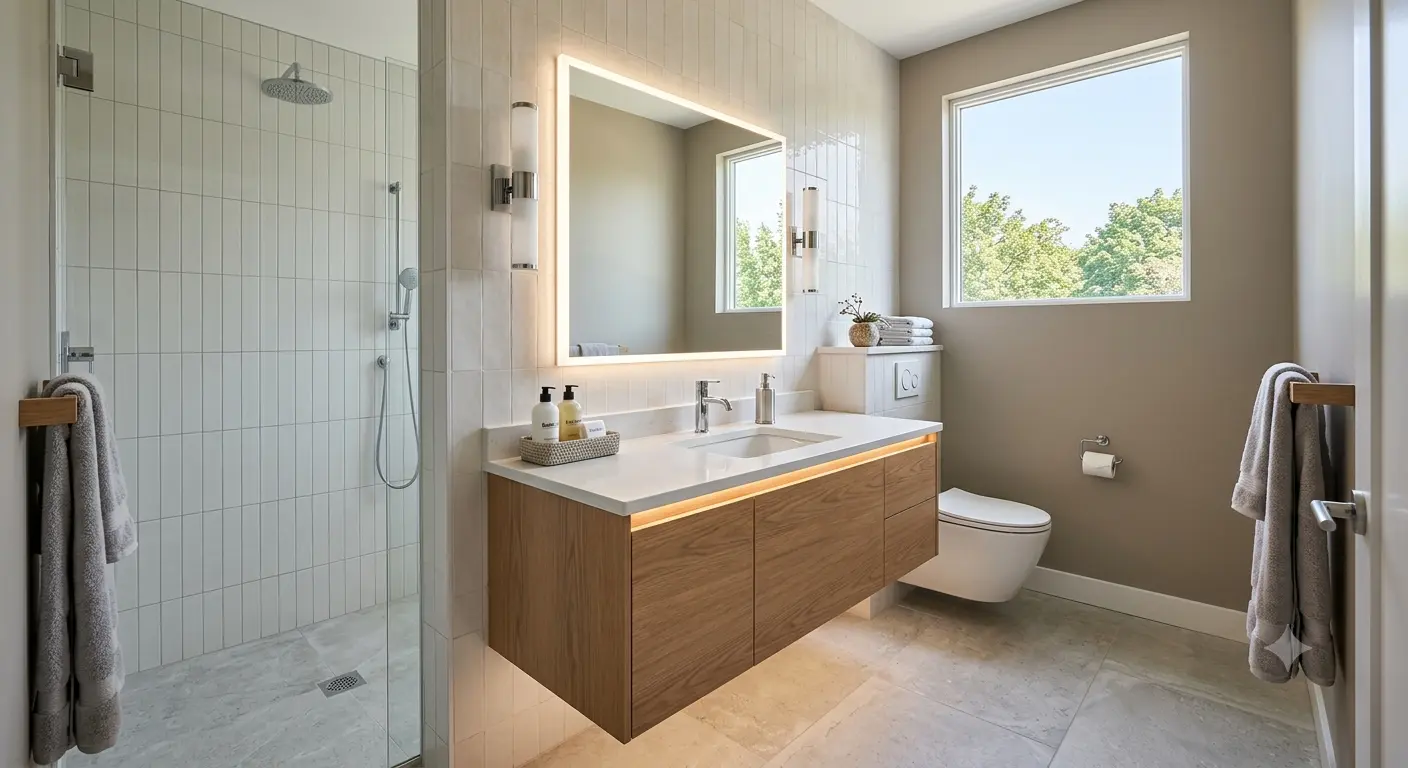 Aurora bathroom renovation with modern tile, shower, vanity, and updated fixtures.