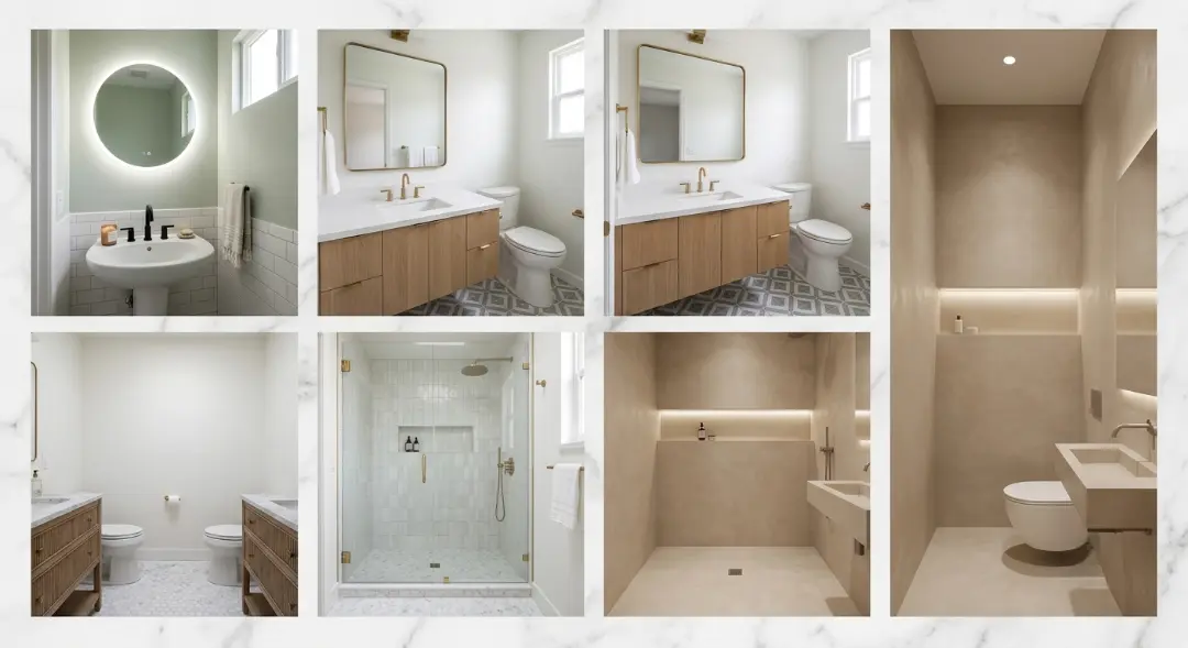 5x7 or 5x8 bathroom renovation with modern fixtures, shower, vanity, and tile.