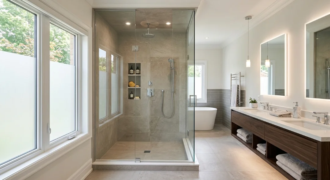 Modern Aurora bathroom renovation featuring a professionally waterproofed walk-in shower and large format wall tile installation.