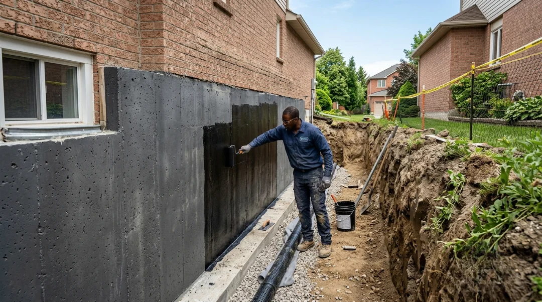 Exterior basement waterproofing with foundation excavation membrane installation and drainage work at an Aurora home.