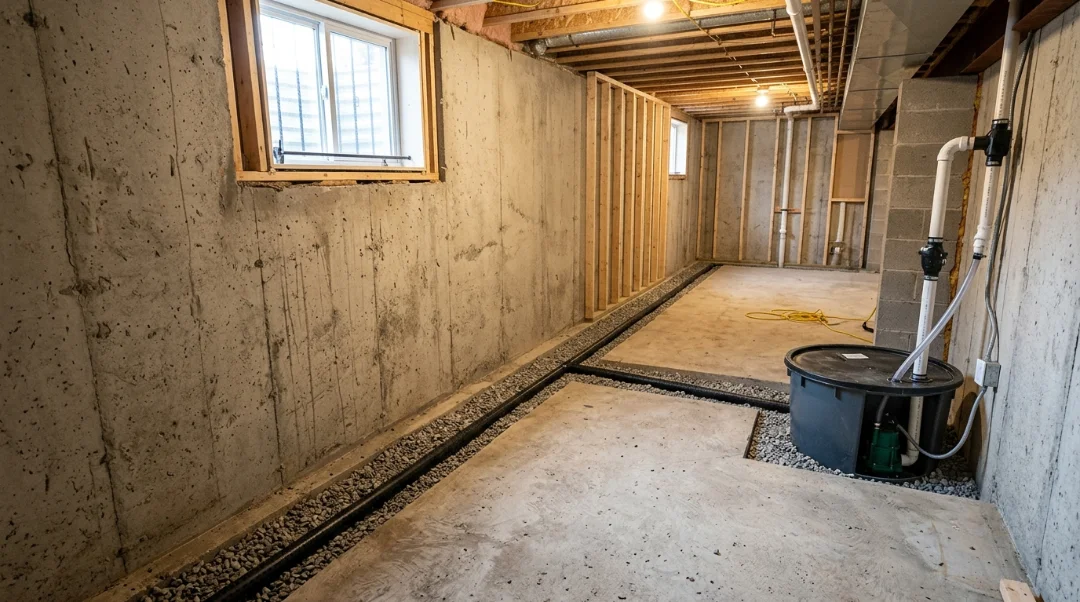 Interior basement waterproofing drainage channel installed along the foundation wall and floor joint in an Aurora home.