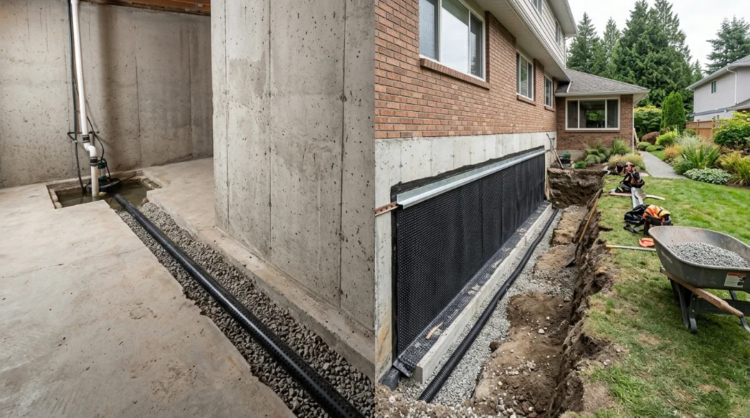 Interior drainage and exterior foundation waterproofing methods shown for comparing basement waterproofing approaches.