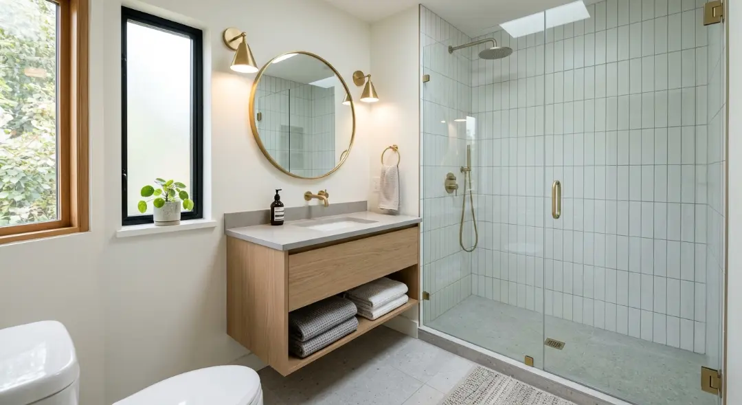 Small bathroom renovation cost in Aurora with modern fixtures and space-saving design.