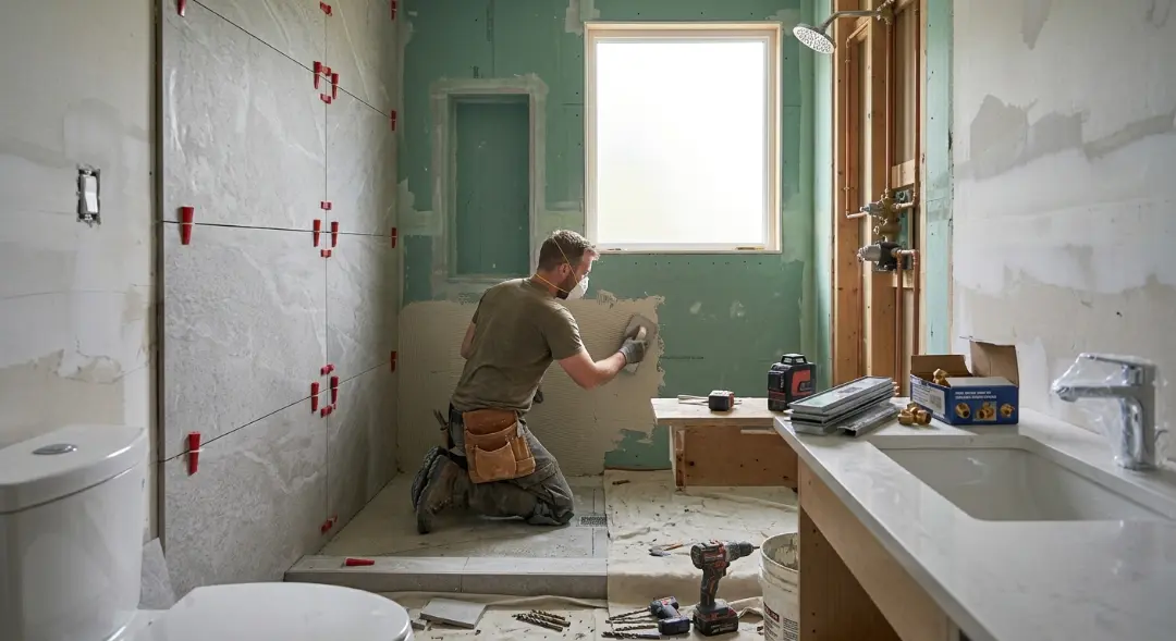 Tub-to-walk-in-shower conversion in Thornhill with modern tile, glass doors, and shower fixtures.