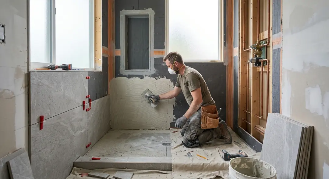 Walk-in shower installation with modern tile, glass enclosure, and shower fixtures.